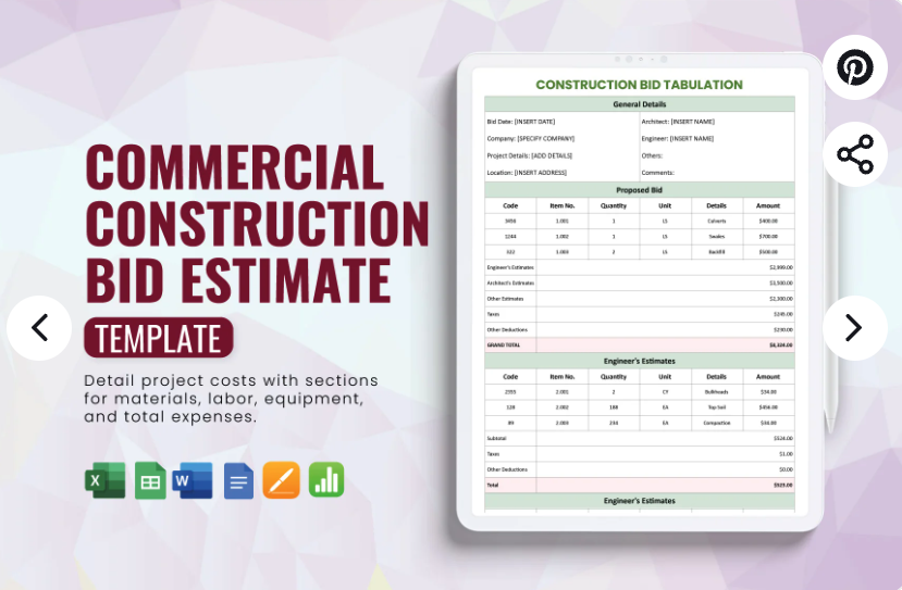 Google Sheets Commercial Construction Bid Template by Template.net